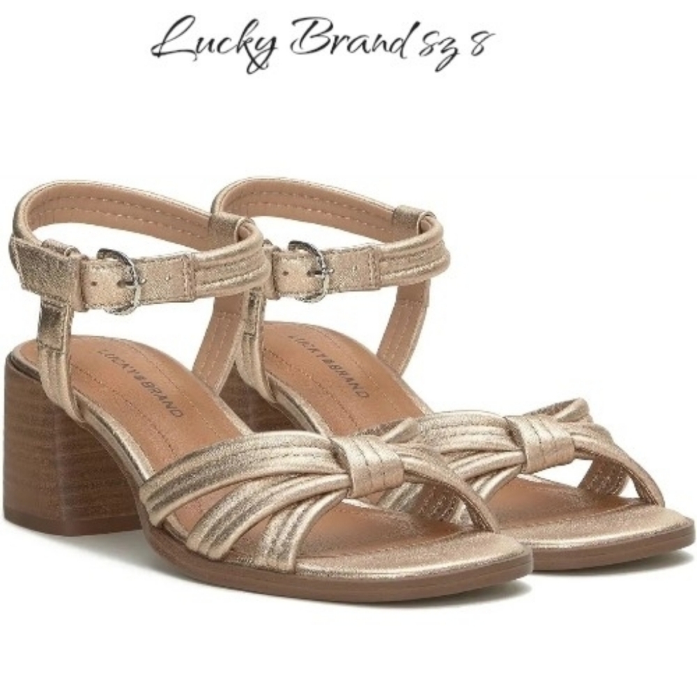 Lucky Brand Jolenne Metallic Gold Leather Knotted Block Heel Sandals sz 8